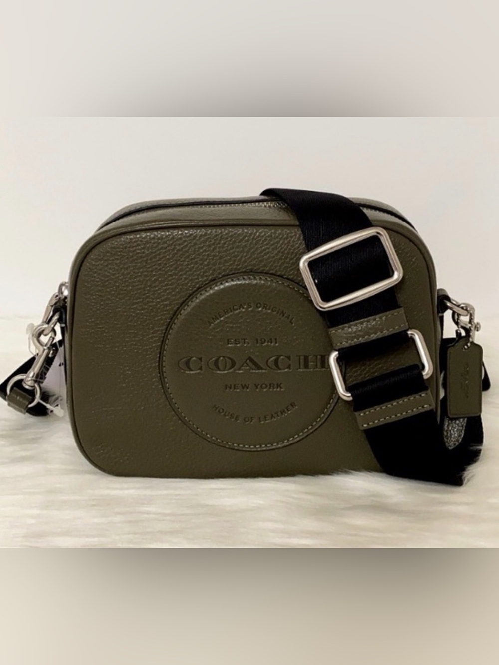 Coach Olive Green Pebbled Leather Camera Bag with Black Strap